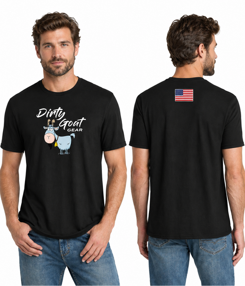 Black Dirty Goat Gear shirt shown on a different male model