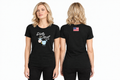 Blonde model with an editorial expression, front and back views of the black tee