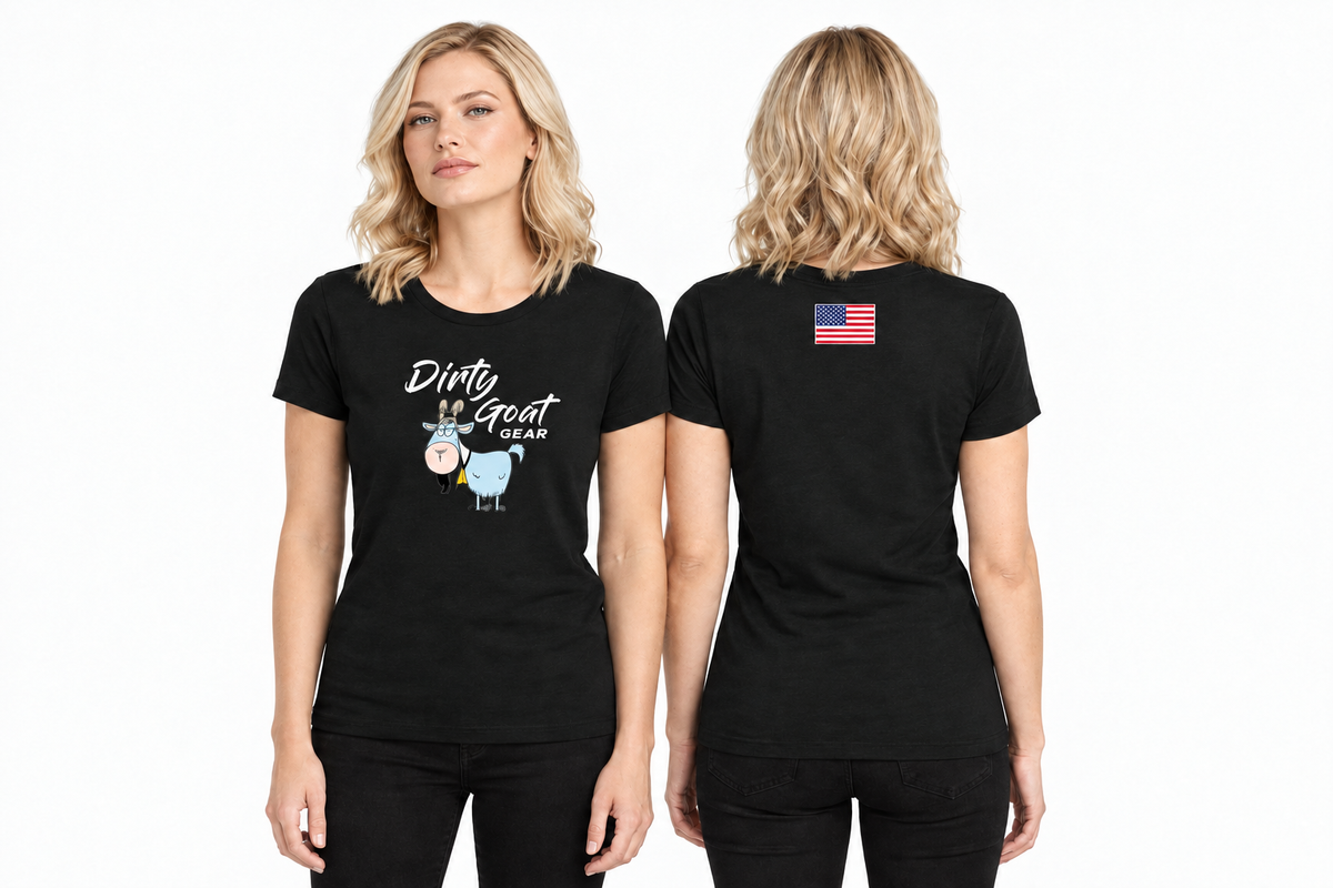 Blonde model with an editorial expression, front and back views of the black tee