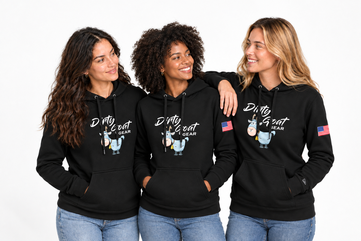 Clean bright-white studio group photo of women wearing black DGG Hoodies
