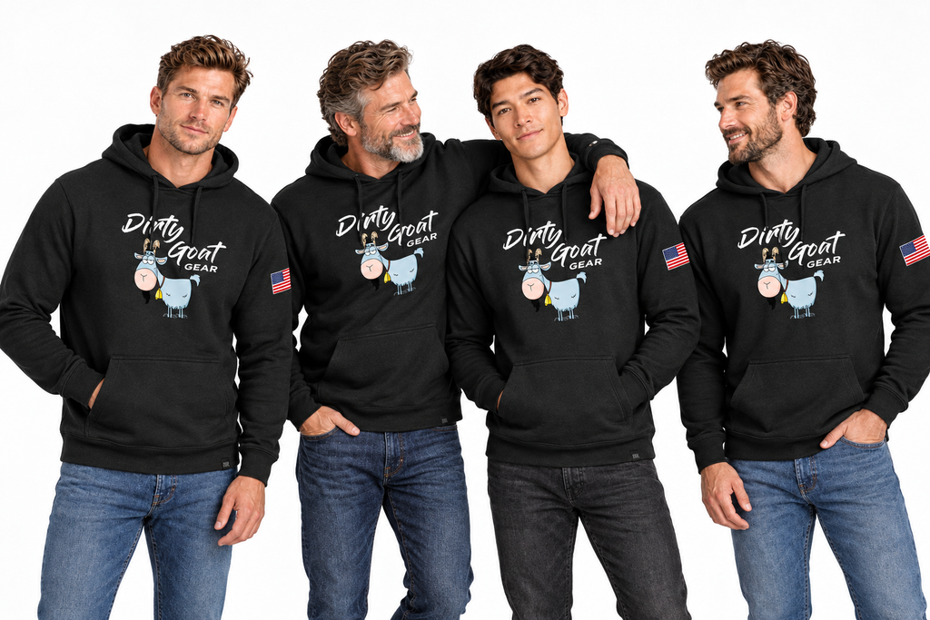 Four male models in matching black Dirty Goat Gear hoodies in a bright white studio