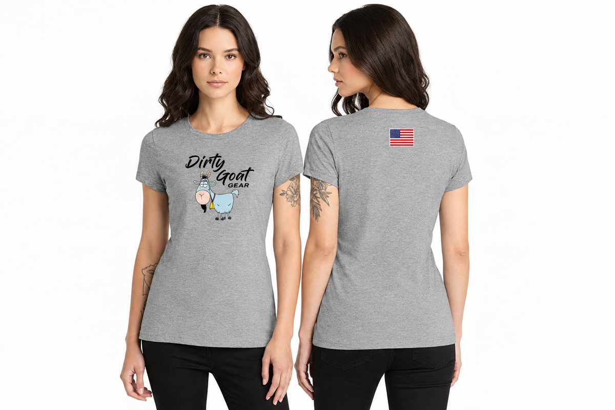 Grey Dirty Goat Gear tee, front and back views close together