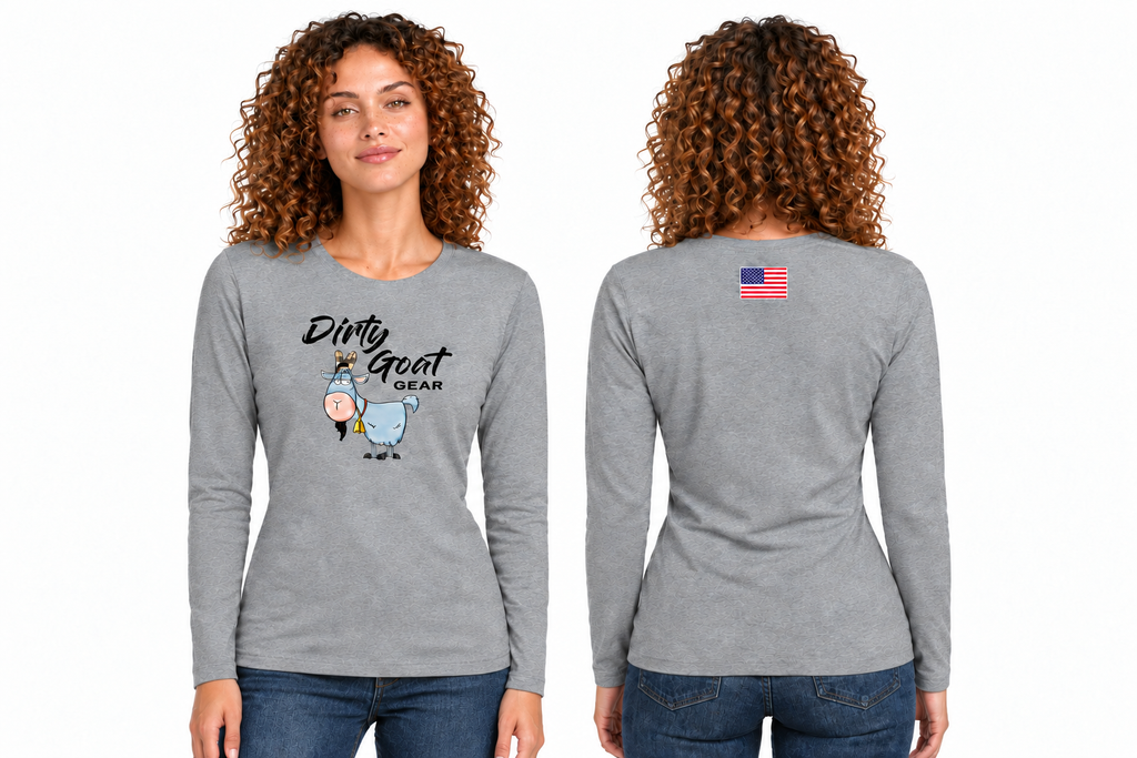 Grey Dirty Goat Gear tee front and back with a closed-mouth slight smile