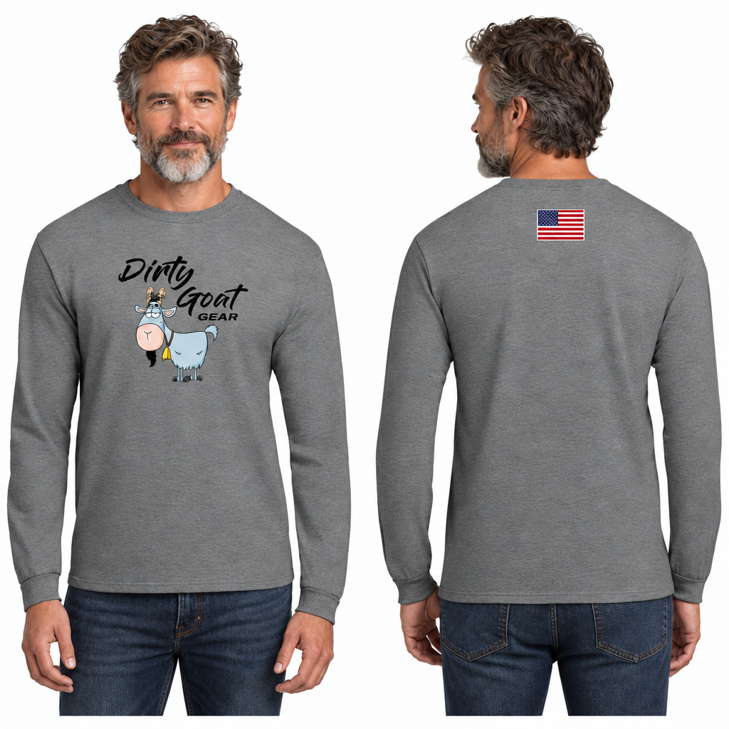 Male model wearing the smoothed grey Dirty Goat Gear long-sleeve shirt