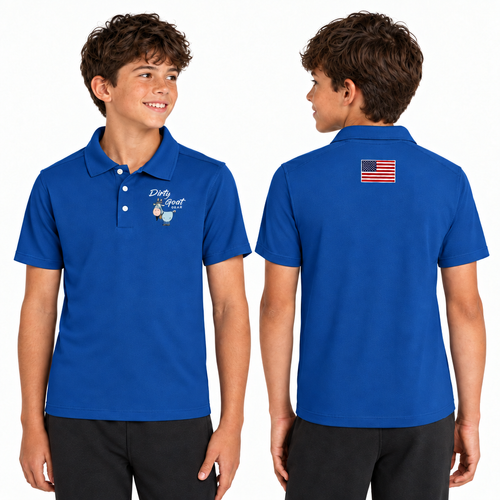 Male youth model wearing a smoother blue Dirty Goat Gear polo