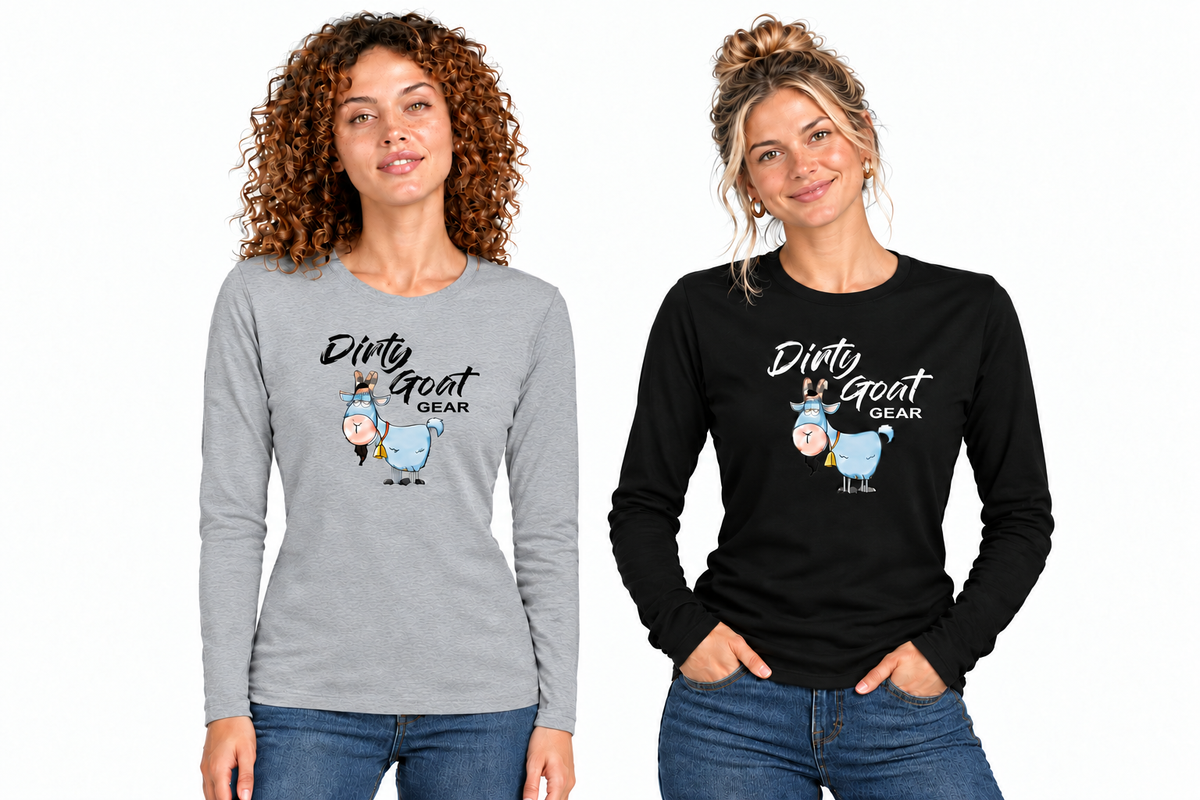 Two models in clean grey and black Dirty Goat Gear tees with natural skin