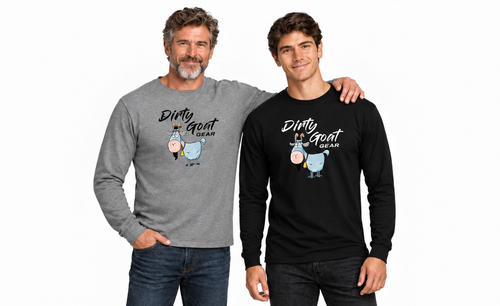 Two models in Dirty Goat Gear long sleeve shirts with smooth gray fabric